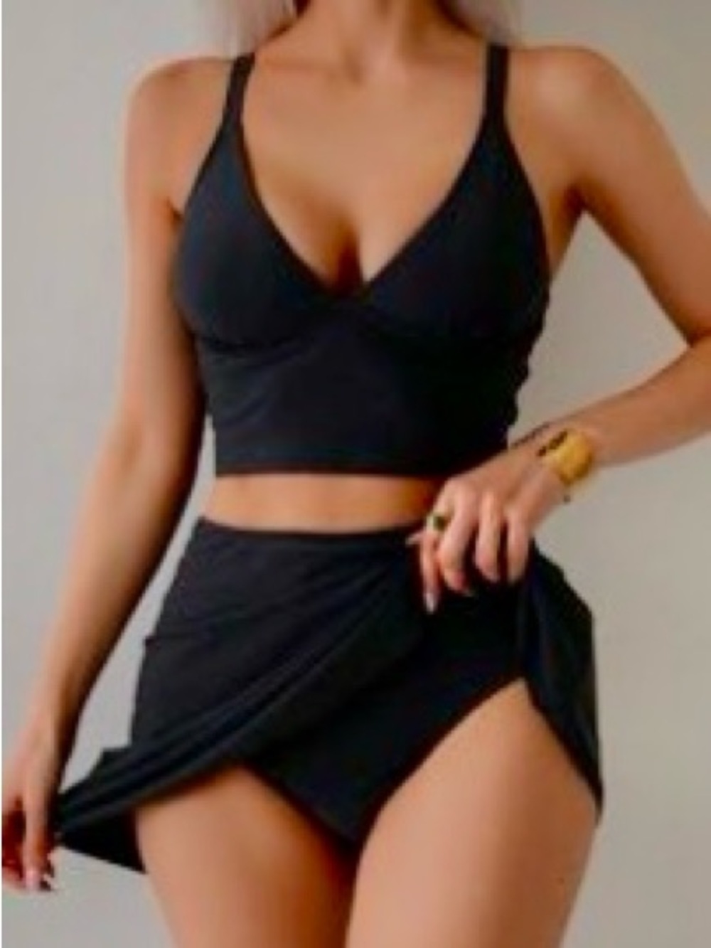 Black Swimsuit Two-Piece Crop Top and Skirt Set